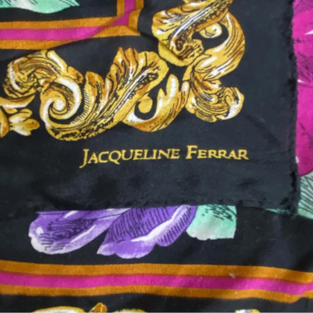 Jacqueline Ferrar Multi Color Bright Black Purple Floral square 100% Silk Scarf